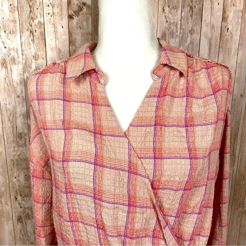 Free‎ People Running Wild Long Sleeve Plaid Wrap Top Size Large Women